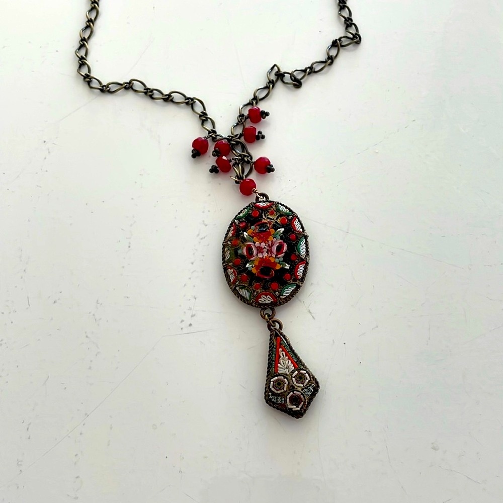 Vintage Italian pendant necklace glass beaded mosaic long chain statement piece